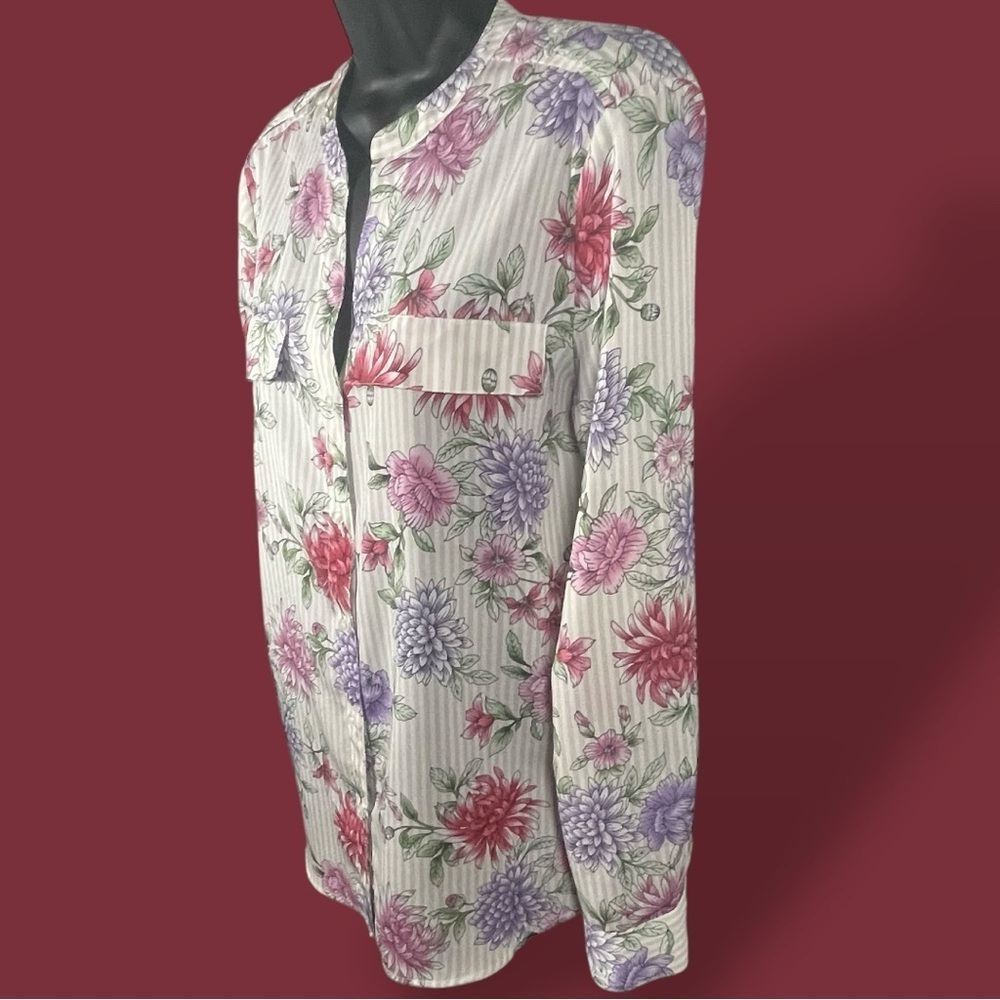 Calvin Klein Floral Striped Tab-Sleeve Long Sleeve Top Pink Purple Size Medium